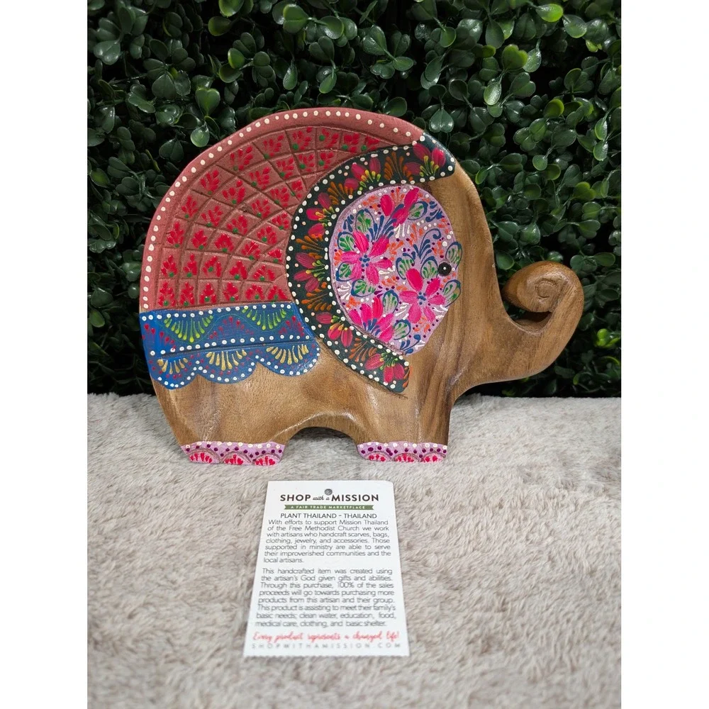 Shop With A Mission Thailand Hand Painted Wooden Elephant Trinket Dish Bowl